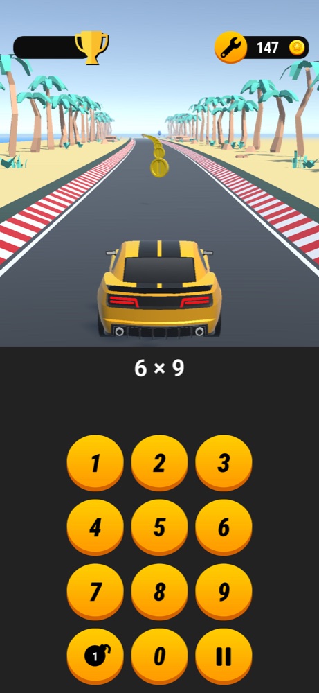 Math Racer on the beach track: the question 6 × 9 with a numpad below the road